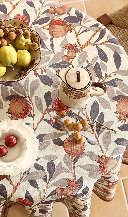 patdrea Designer Linen Small Round Tablecloth, Vintage Pomegranates and Leaves - Image 7