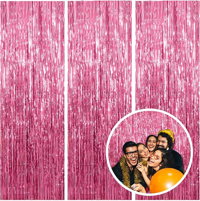 3 Pack Pink Backdrop Birthday Party Decorations Tinsel Foil Fringe Curtains by AMONE