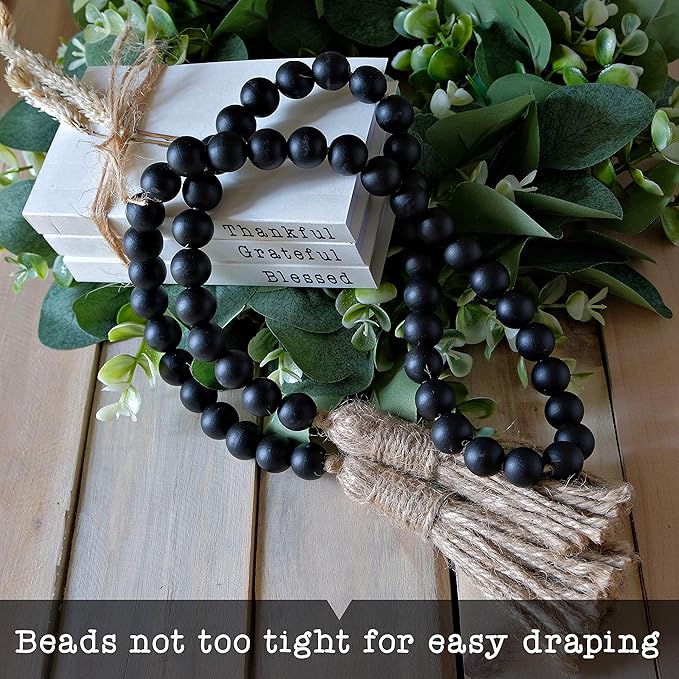 Boho Wood Decorative Beads & Tassel Garland Black - Image 4