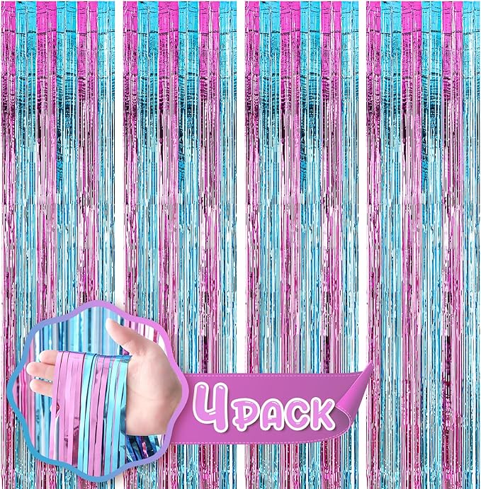 4 Pack 3.3x8.2 Feet Blue and Pink Foil Fringe Backdrop Curtains, Tinsel by Voircoloria