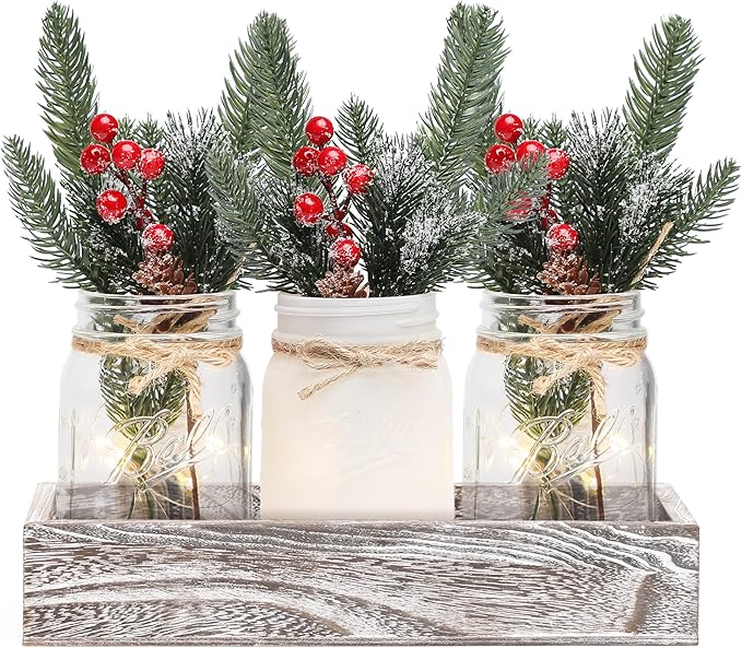 Christmas Mason Jars, Christmas Centerpiece Table Settings, Wood Tray by MARACCO