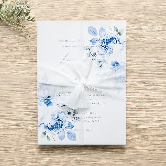 PONATIA 50PCS Vellum Jackets for 5x7 Invitation Cards- 135GSM Light Blue Floral - Image 8