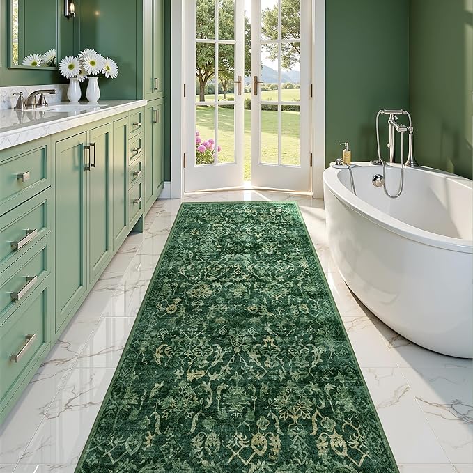 Dark Green 3x10 Runner Rug for Hallways Bed Side Kitchen, Boho Washable - Image 2