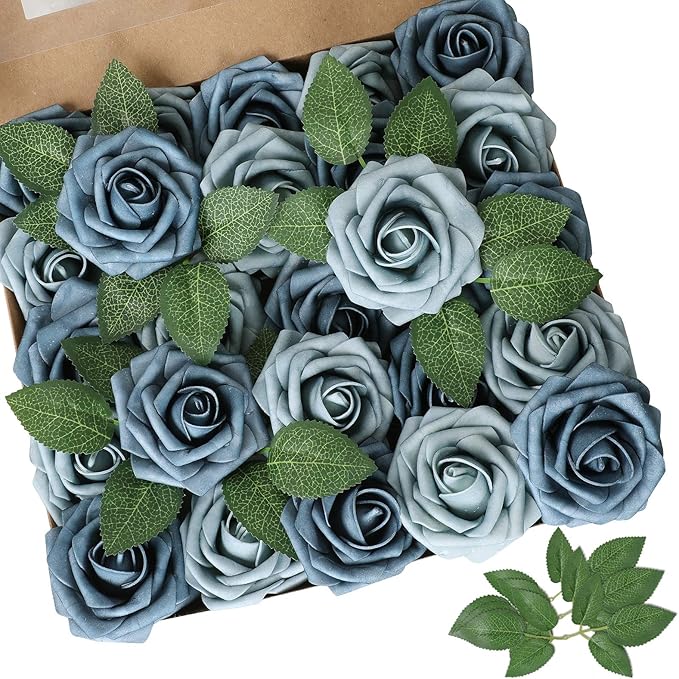 AmyHomie Artificial Flower Dusty Blue Shades Rose 25pcs Real Looking Fake Roses by AmyHomie