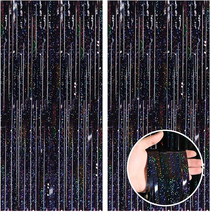 CANREVEL 2 Pack 3.3x8.2 Feet Laser Black Foil Fringe Backdrop Curtains by CANREVEL