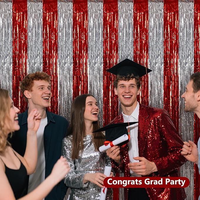 BEISHIDA Red Silver Door Streamers Backdrop Foil Fringe Tinsel Party Streamers - Image 5