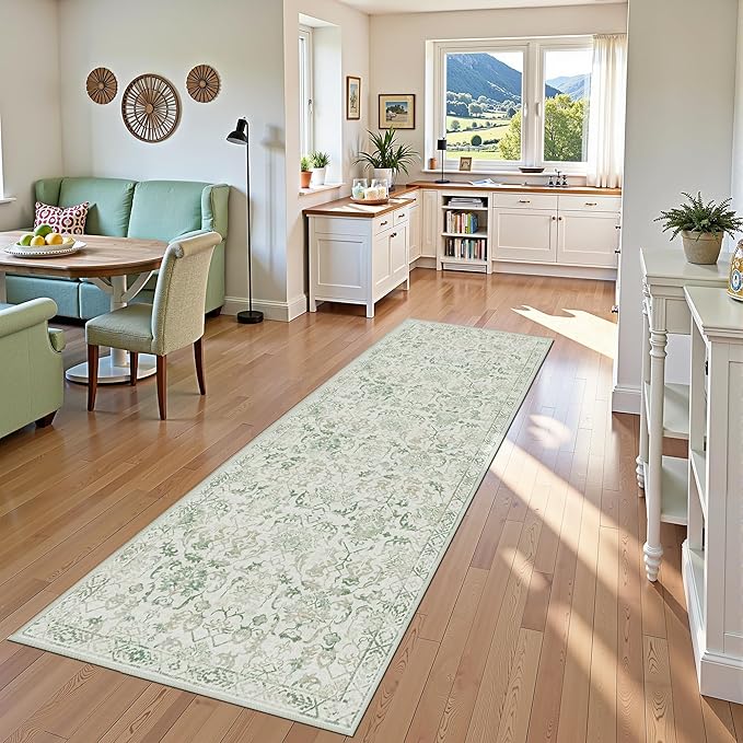 Green 3x10 Runner Rug for Hallways Bed Side Kitchen, Boho Washable Distressed - Image 4