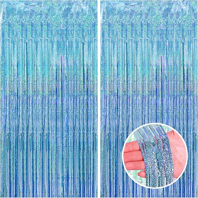 CANREVEL 2 Pack 3.3x8.2 Feet Light Blue Foil Fringe Backdrop Curtains, Glitter by CANREVEL