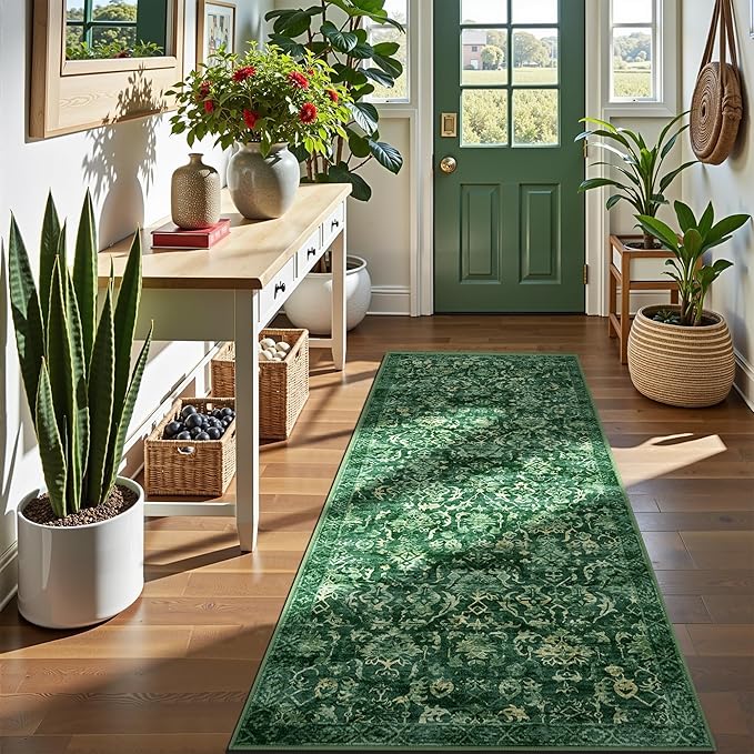 Dark Green 2x6 Runner Rug for Hallways Bed Side Kitchen, Boho Washable - Image 2