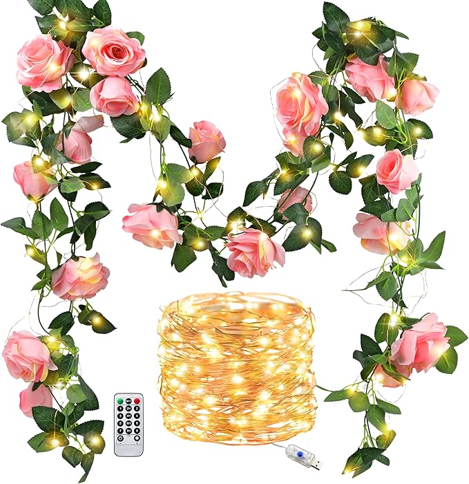 FiveSeasonStuff 29 Ft 4 Pack Amaranth Light Pink Rose Silk Flower Garland by FiveSeasonStuff
