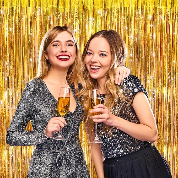 2 Pack Gold Metallic Tinsel Foil Fringe Curtains, Door Streamers Photo Booth - Image 6