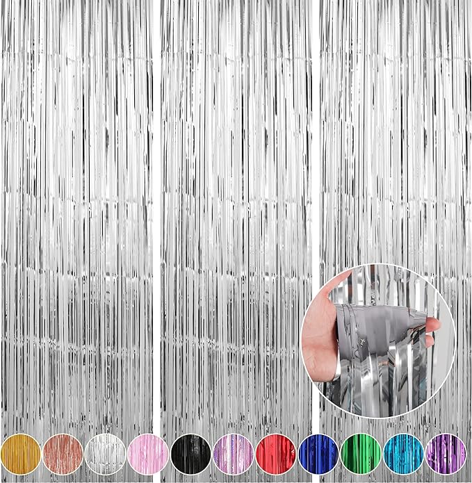 Crosize 3 Pack 3.3 x 9.9 ft Silver Foil Fringe Backdrop Curtain, Streamer by Crosize