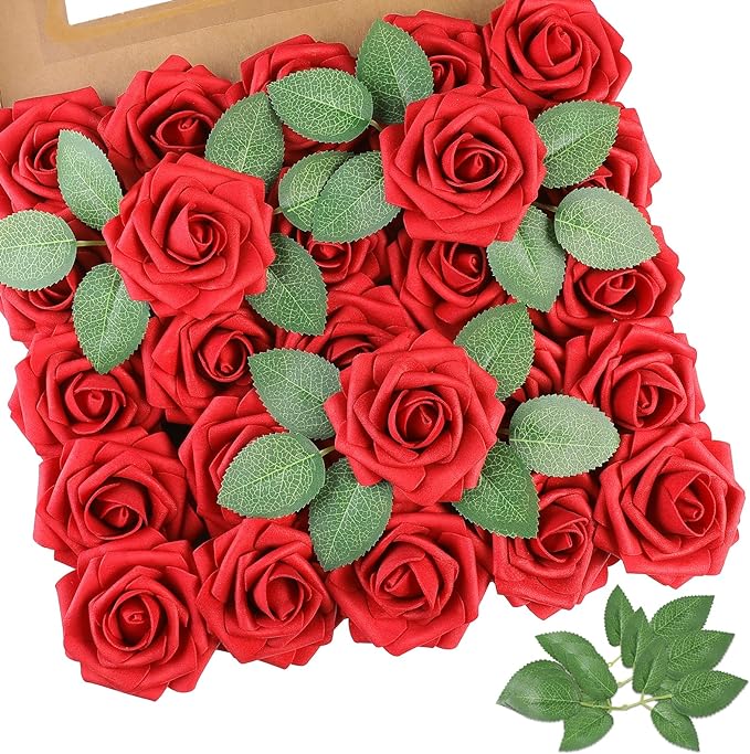 AmyHomie Artificial Flowers Red Rose 50pcs Real Looking Fake Roses w/Stem by AmyHomie