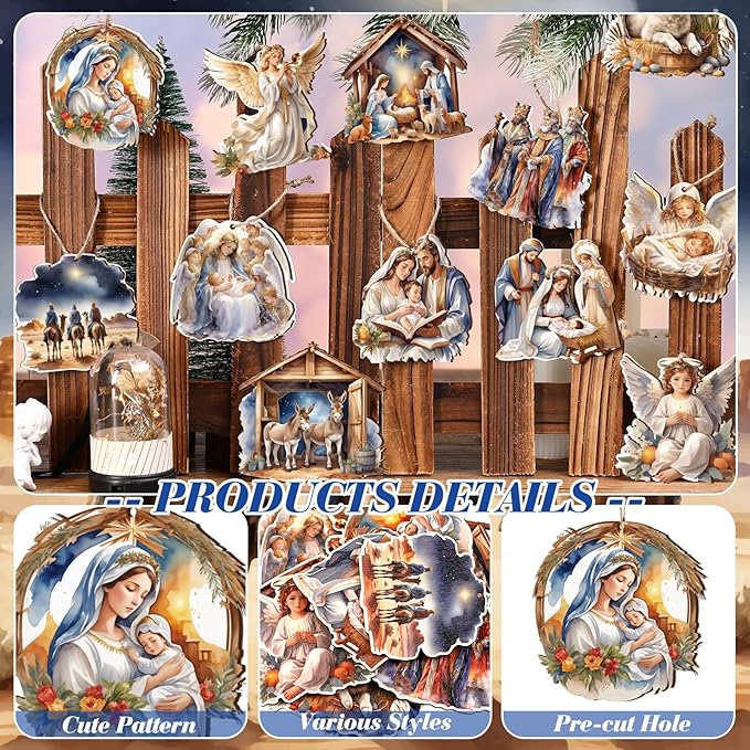 Suzile 36 Pcs Christmas Wooden Ornaments Nativity Ornaments Religious Christmas - Image 3