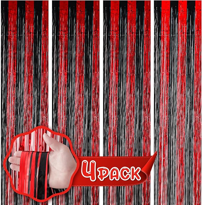 4 Pack 3.3x8.2 Feet Red and Black Foil Fringe Backdrop Curtains, Tinsel by Voircoloria