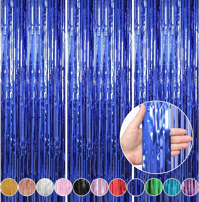 Crosize 3 Pack 3.3 x 9.9 ft Dark Blue Foil Fringe Backdrop Curtain, Streamer by Crosize