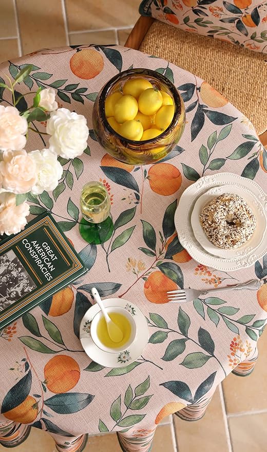 patdrea Designer Linen Round Table Cloth, Vintage Framhouse Oranges and Leaves - Image 8