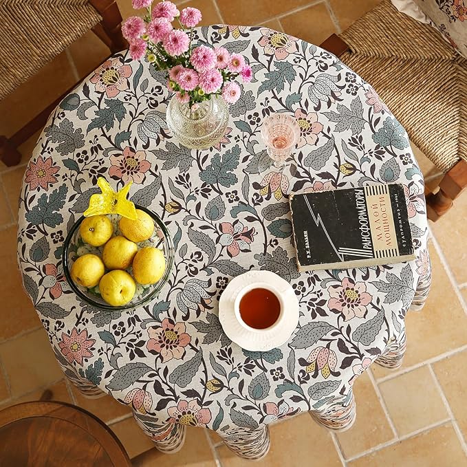 ISAENNE Designer Boho Floral Round Tablecloth, Linen Lotus Flower Pattern - Image 6