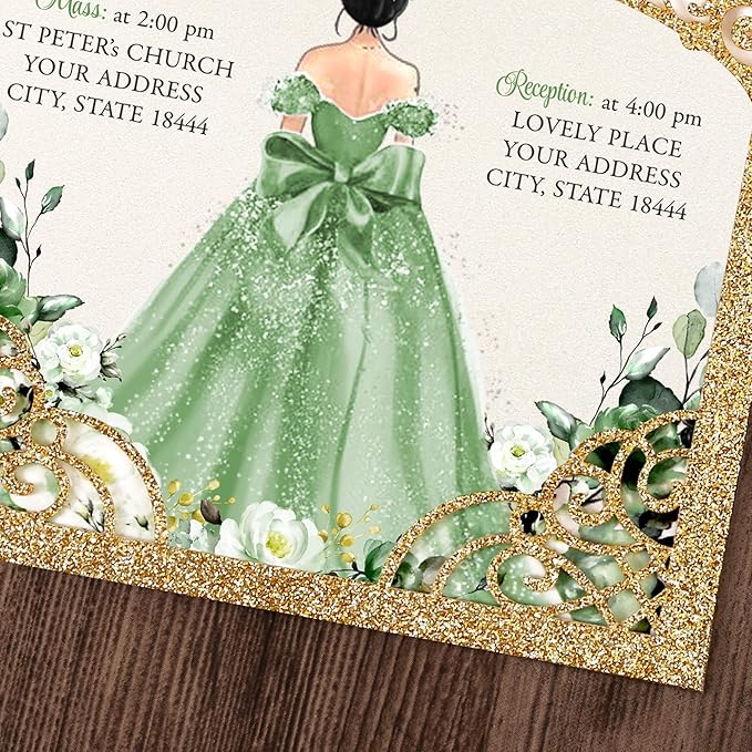 50Pcs Sage Green Crown Quinceanera Invitation - Image 5