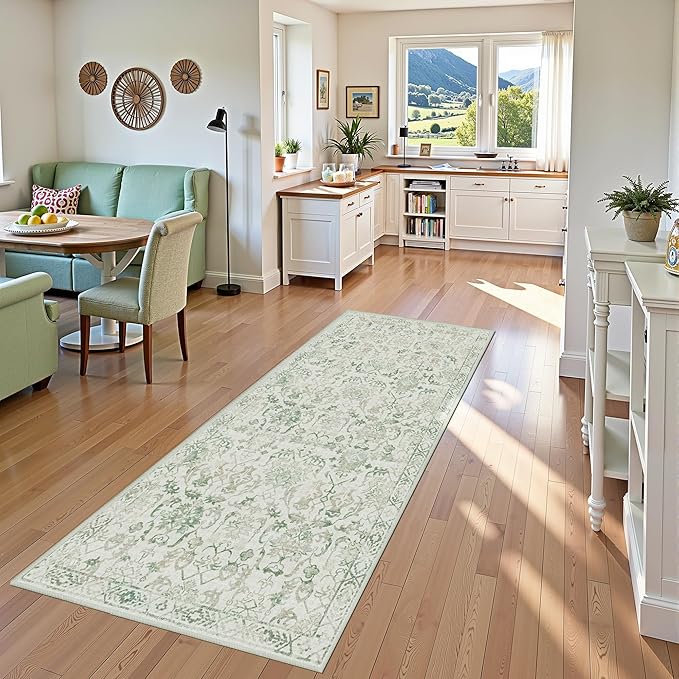 Green 3x7 Runner Rug for Hallways Bed Side Kitchen, Boho Washable Distressed - Image 4