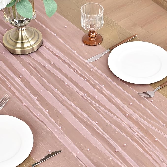 Joanlody Fall Pearl Table Runner 10ft Rustic Boho Tulle Table Runner - Image 4