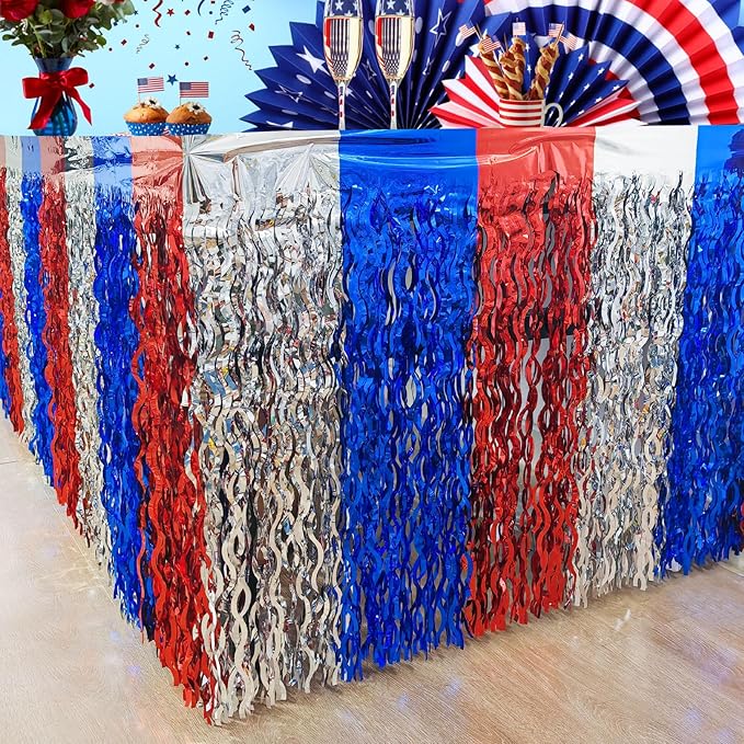 CCINEE 4 Pack 4th Of July Foil Fringe Table Skirt, 36ft Wavy Metallic Tinsel - Image 5