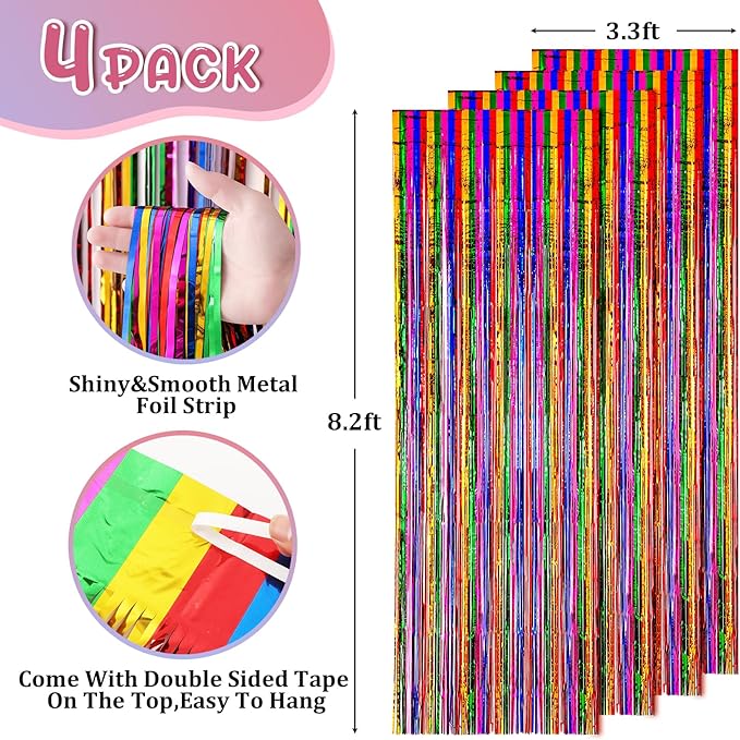 4 Pack 3.3x8.2 Feet Rainbow Foil Fringe Backdrop Curtains, Tinsel Streamers - Image 3