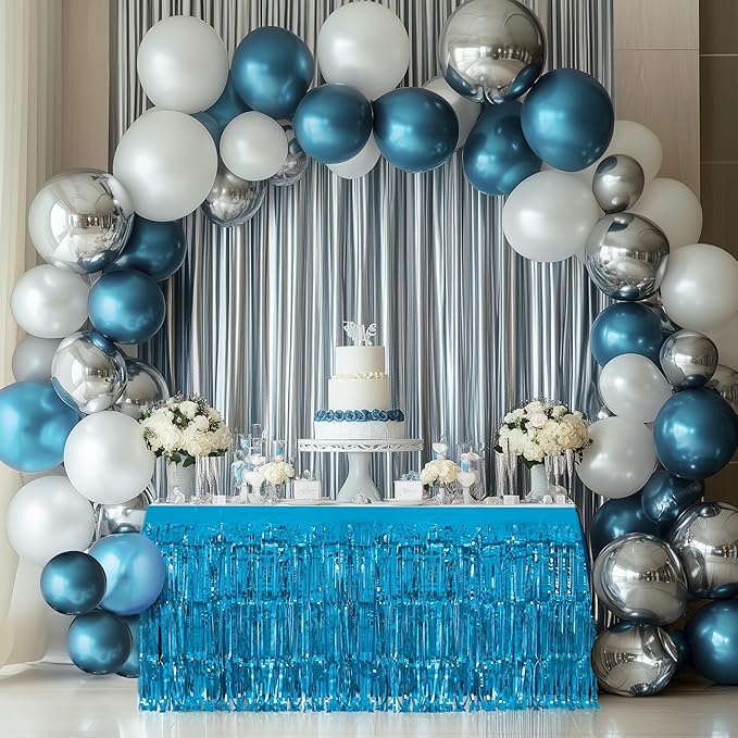 1 Pack Lake Blue Table Skirts, 29x108" Metallic Foil Tinsel Fringe Table Skirts - Image 2