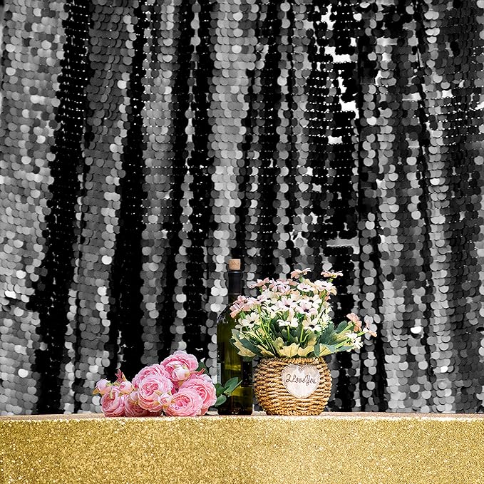 JYFLZQ Black Payette Sequin Backdrop Curtains 4ft x 8ft 2 Panels Shimmer Wall - Image 2