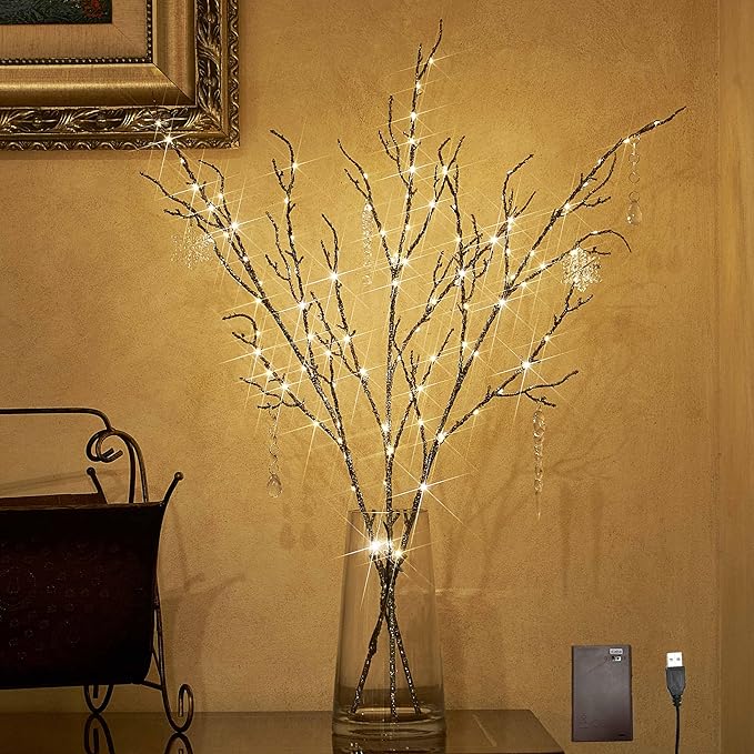 Hairui Lighted Willow Branches Silver Glittered 32IN 120 LED Fairy Lights by Hairui