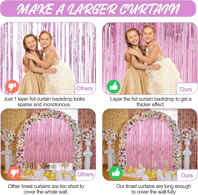 Crosize 4 Pack 3.3 x 9.9 ft Pink foil Fringe Curtains Party Decorations - Image 3