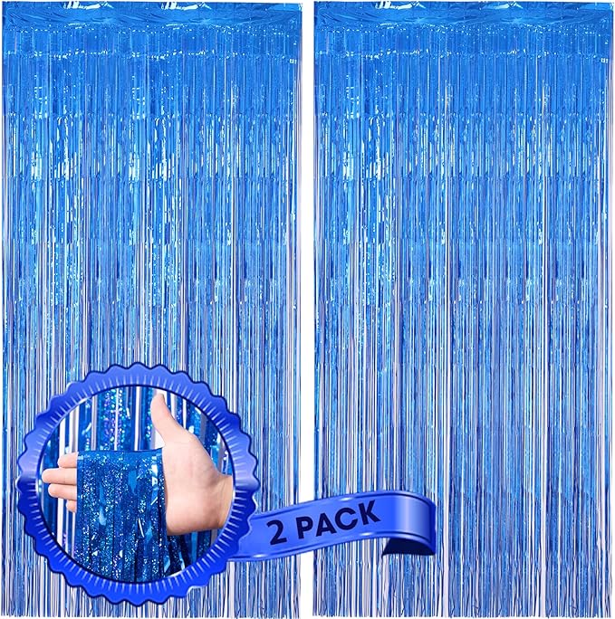 2 Pack Laser Blue Foil Fringe Backdrop Curtains, Tinsel Streamers Birthday by Voircoloria