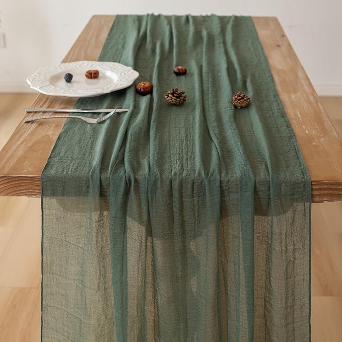 Forest Green Gauze Rustic Cheesecloth Table Runner 120 Inch 10 FT - Image 3