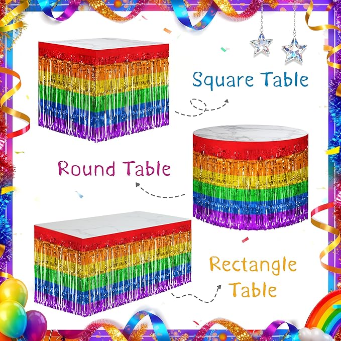 2 Pack Rainbow Table Skirts, 29x108" Metallic Foil Tinsel Fringe Table Skirts - Image 4