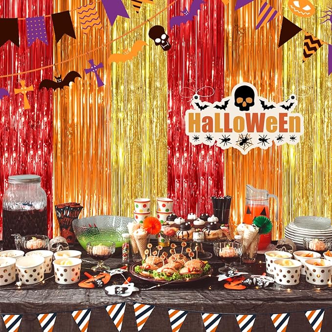 red orange gold Fringe Curtain Party Streamers 2Pack 3.3 x 8.3 Ft Foil Fringe - Image 7