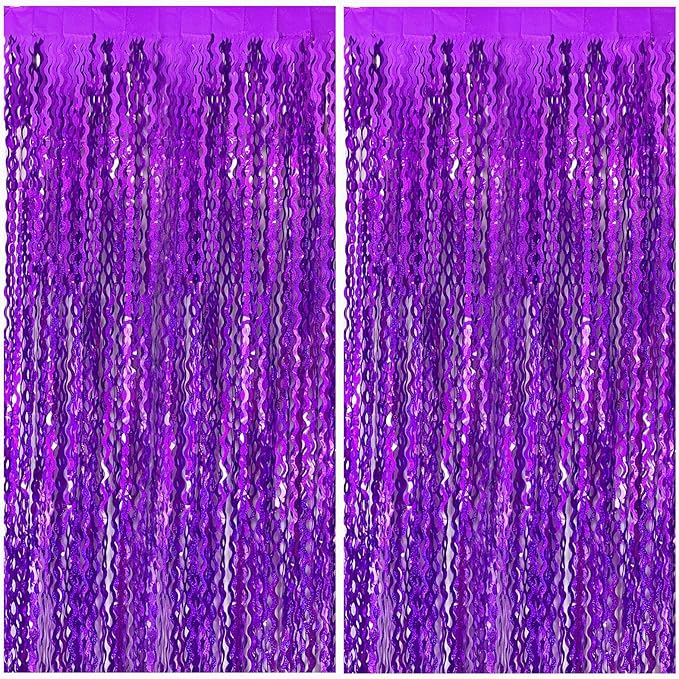 2 Pack Purple Backdrop Tinsel Foil Fringe Curtains Sparkle Metallic Wavy Foil by BOMSI