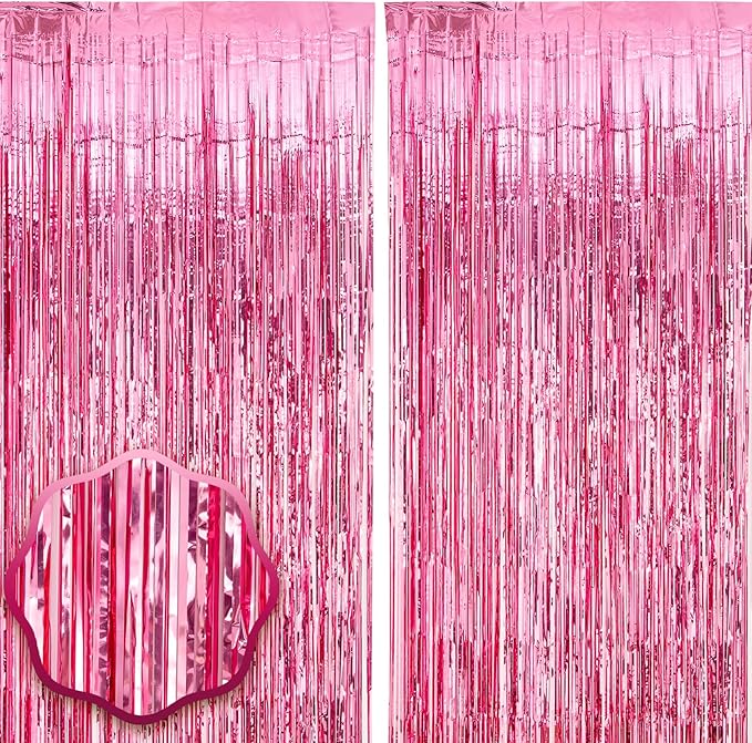 2 Pack Pink Tinsel Foil Fringe Curtains, Metallic Tinsel Party Streamers by Voircoloria