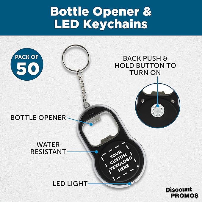 DISCOUNT PROMOS Custom Bottle Opener & LED Keychains Set of 50, Personalized - Image 3
