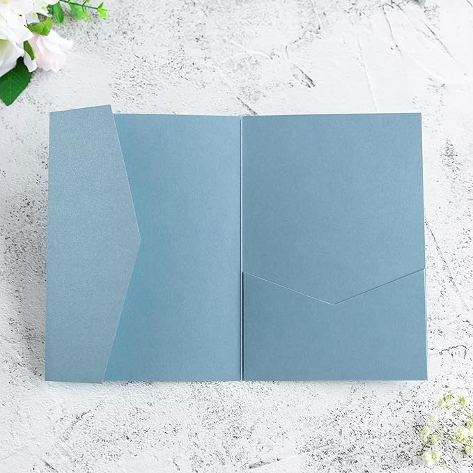 20 Pcs 5.12x7.1'' Sparkle Dusty Blue Tri-fold Laser Cut Wedding Invitation Cards - Image 3