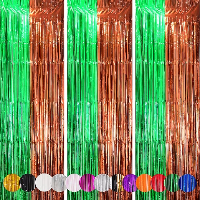 3 Pack 3.3 x 8.2 ft Green and Brown Foil Fringe Backdrop Curtains, Tinsel by Voircoloria