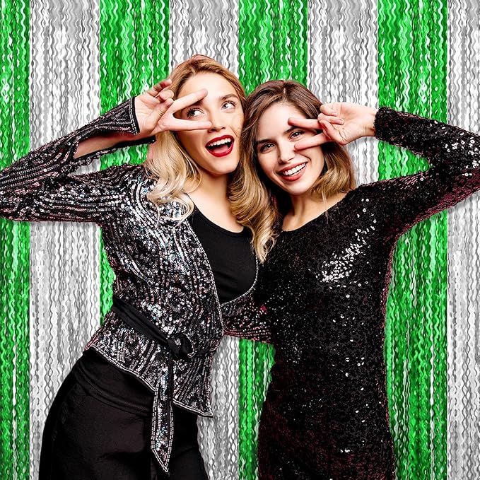 4 Pack Silver Green Wave Foil Fringe Curtain Backdrop, 3.28Ft x 8.2Ft Metallic - Image 6