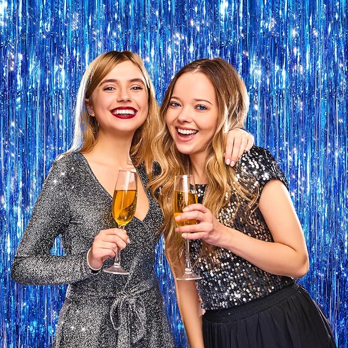 2 Pack Blue Metallic Tinsel Foil Fringe Curtains, Door Streamers Photo Booth - Image 6