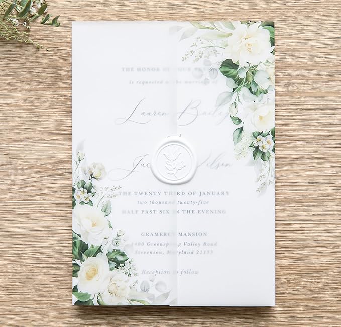 PONATIA 50 PCS Vellum Jackets for 5x7 Invitations- 135gsm White Floral Printed - Image 9