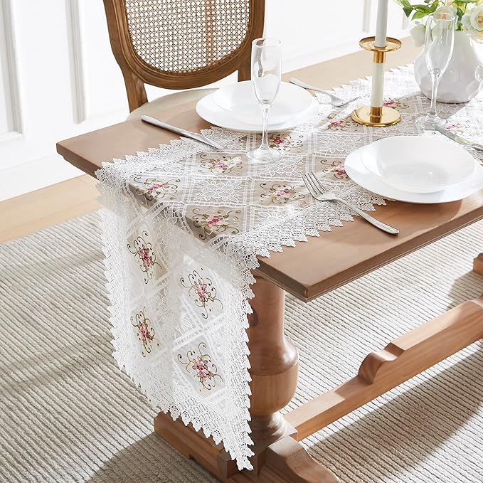 Warm Home Designs White Lace Table Runner. Embroidered by WarmHomeDesigns