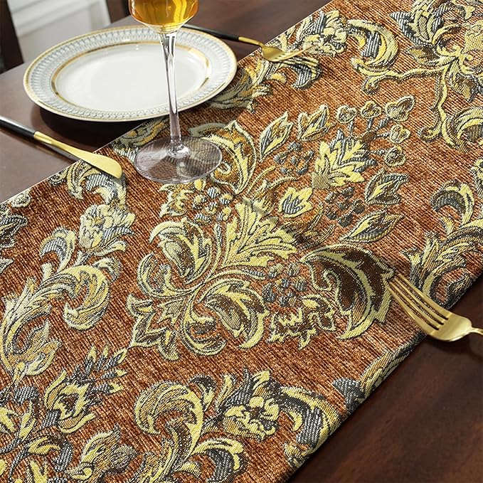 Elegant Floral Chenille Gold Jacquard Table Runner Advanced Caramel-Color - Image 5