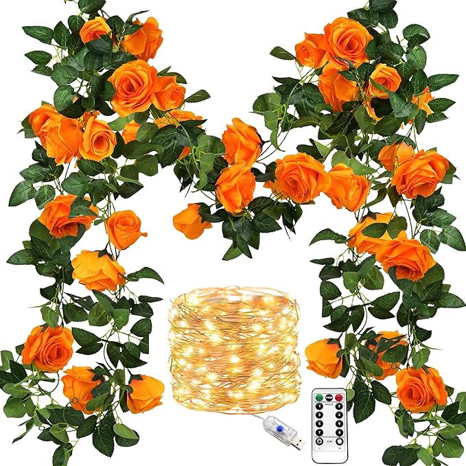 FiveSeasonStuff 29 Ft 4 Pack Mandarin Orange Rose Silk Flower Garland by FiveSeasonStuff