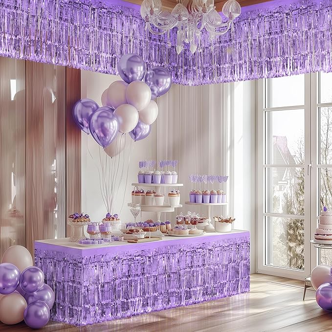 2 Pack Light Purple Table Skirts, 29x108" Metallic Foil Tinsel Fringe Table - Image 7