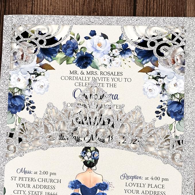 50Pcs Navy Blue Crown Invitations - Image 4