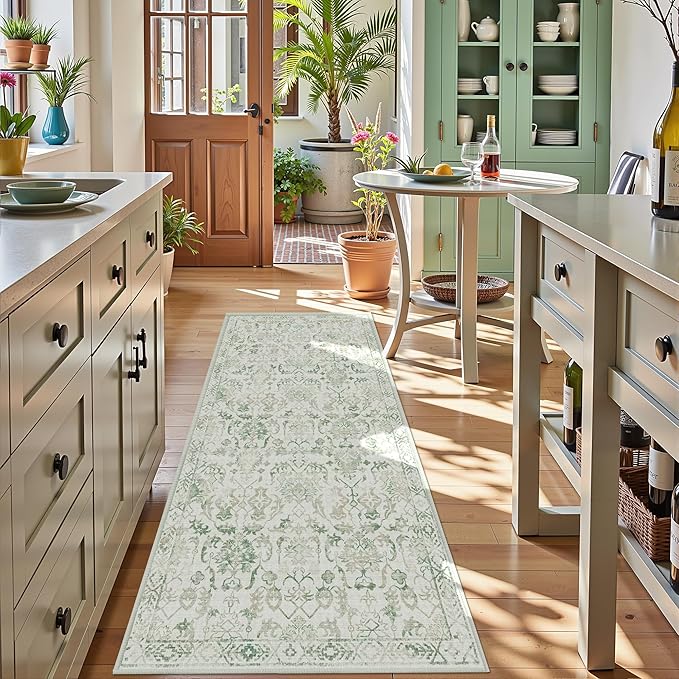 Green 3x7 Runner Rug for Hallways Bed Side Kitchen, Boho Washable Distressed by Deerly