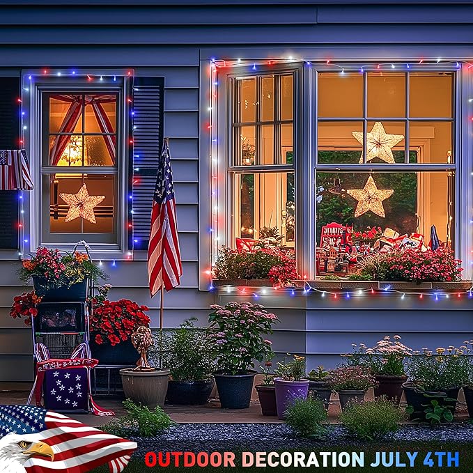 JMEXSUSS 600 LED Red White and Blue Lights Outdoor Plug in, 4th of July - Image 3